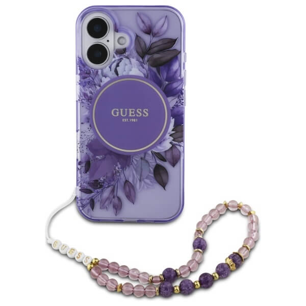 Guess iPhone 16 Plus - IML Flowers With Pearl Strap MagSafe - Σκληρή Θήκη με Πλαίσιο Σιλικόνης και Λουράκι - Purple - GUHMP16MHFWBRCESU