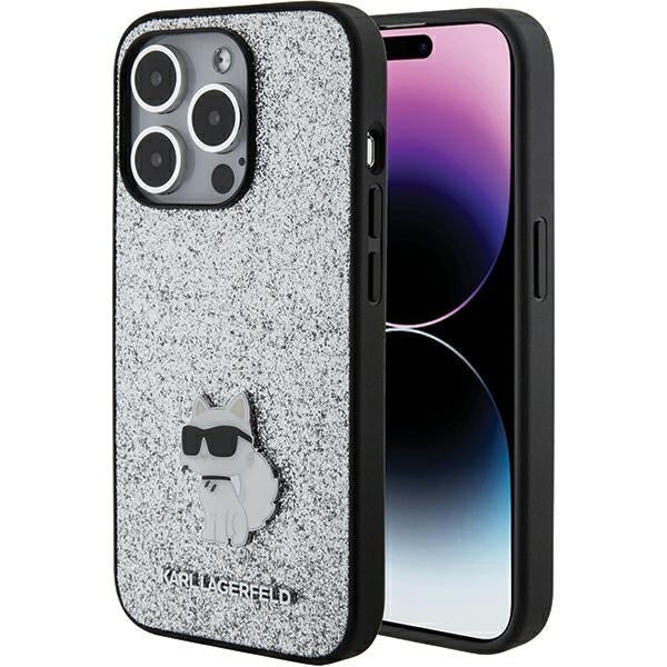 Karl Lagerfeld iPhone 15 Pro Max - Glitter Choupette Logo Metal Logo Σκληρή Θήκη με Πλαίσιο Σιλικόνης - Silver - KLHCP15XGCNPSG
