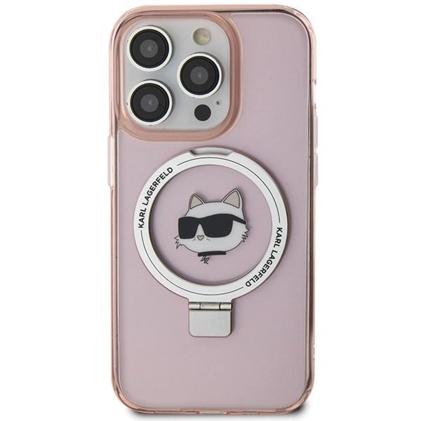 Karl Lagerfeld iPhone 15 Pro Max Ring Stand Choupette Head MagSafe Σκληρή Θήκη με Πλαίσιο Σιλικόνης και MagSafe - Διάφανη / Pink - KLHMP15XHMRSCHP