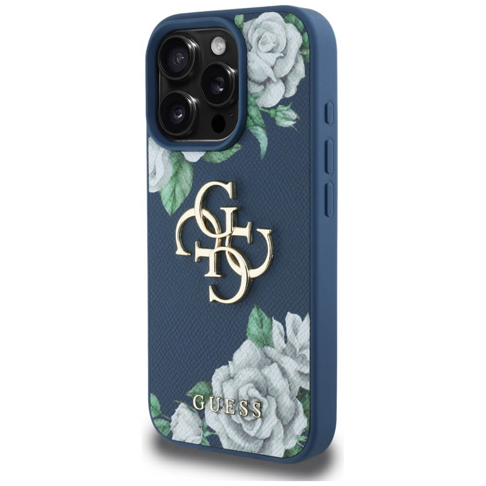 Guess iPhone 16 Pro Max - Grained Roses Big 4G Logo - Σκληρή Θήκη με Επένδυση από Οικολογικό Δέρμα - Blue - GUHCP16XPGROP4MB