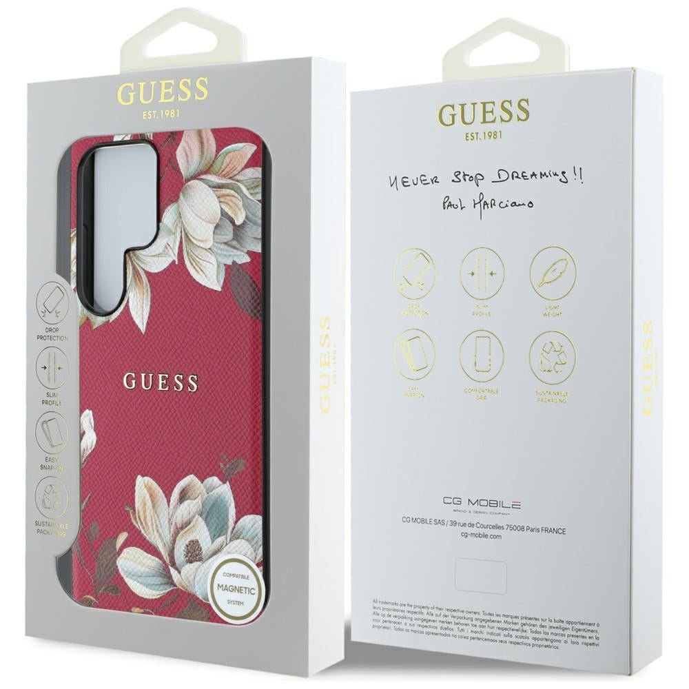 Guess Samsung Galaxy S25 Ultra - Grained Printed Flower Pattern - Θήκη με Επένδυση Συνθετικού Δέρματος και MagSafe - Fuchsia - GUHMS25LPGNMPLMF