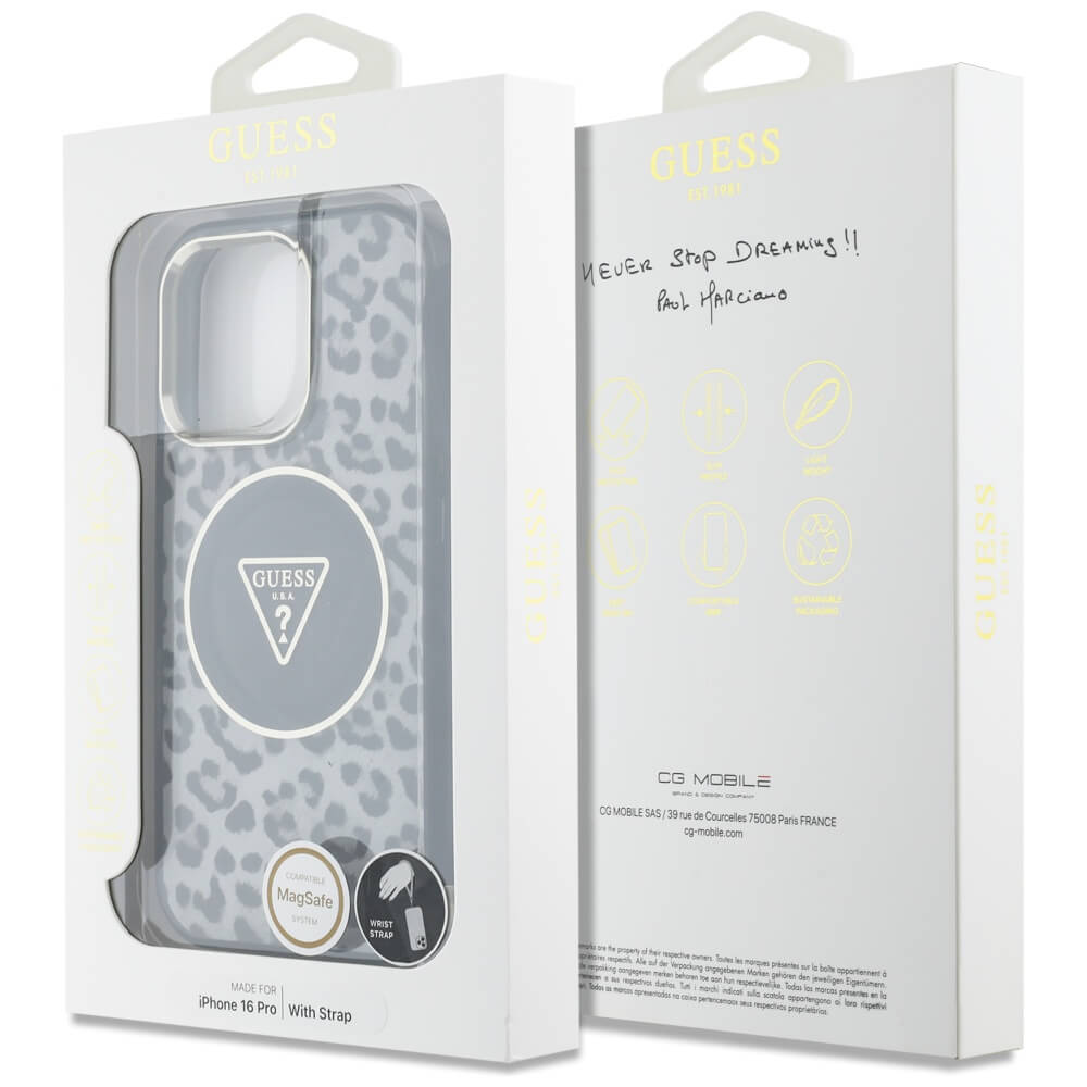 Guess iPhone 16 Pro - HC IML Leopard Triangle Cord Strap MagSafe - Σκληρή Θήκη με Πλαίσιο Σιλικόνης και Λουράκι - Black - GUHMP16LHLORSSK