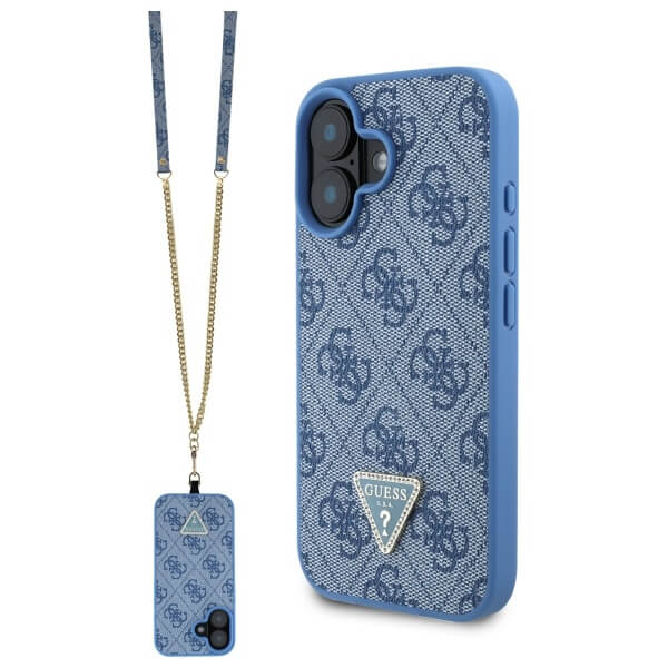 Guess iPhone 16 - Leather Metal Logo Strass Crossbody - Θήκη με Επένδυση Συνθετικού Δέρματος και Λουράκι - Blue - GUHCP16SP4TDSCPB