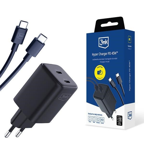 3MK Hyper 45W PD Οικιακός Φορτιστής Γρήγορης Φόρτισης με 2 Θύρες Type - C και 2 Καλώδια Type - C to Type - C - Black