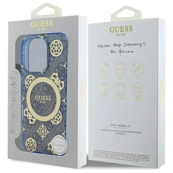Guess iPhone 16 Pro - IML Peony On 4G Background MagSafe - Θήκη με Επένδυση Συνθετικού Δέρματος - Blue - GUHMP16LH4PYEEB