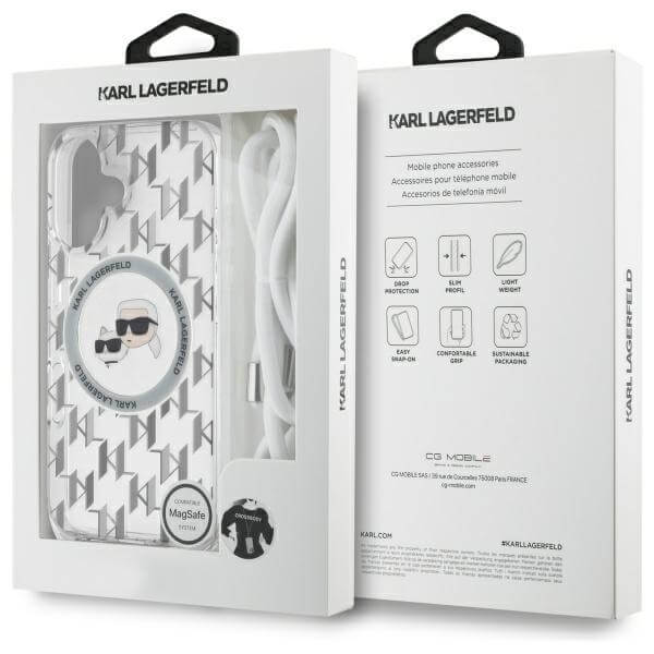Karl Lagerfeld iPhone 16 - IML Crossbody Monogram Karl and Choupette Head - MagSafe Σκληρή Θήκη με Πλαίσιο Σιλικόνης και Λουράκι - Διάφανη - KLHMP16SHCKCKLCT