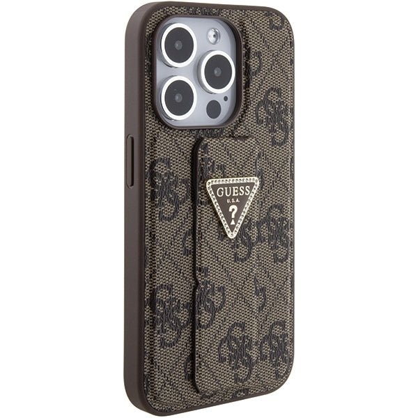 Guess iPhone 15 Pro Max Grip Stand 4G Triangle Strass Logo Θήκη με Επένδυση Συνθετικού Δέρματος και Stand - Brown - GUHCP15XPGS4TDW