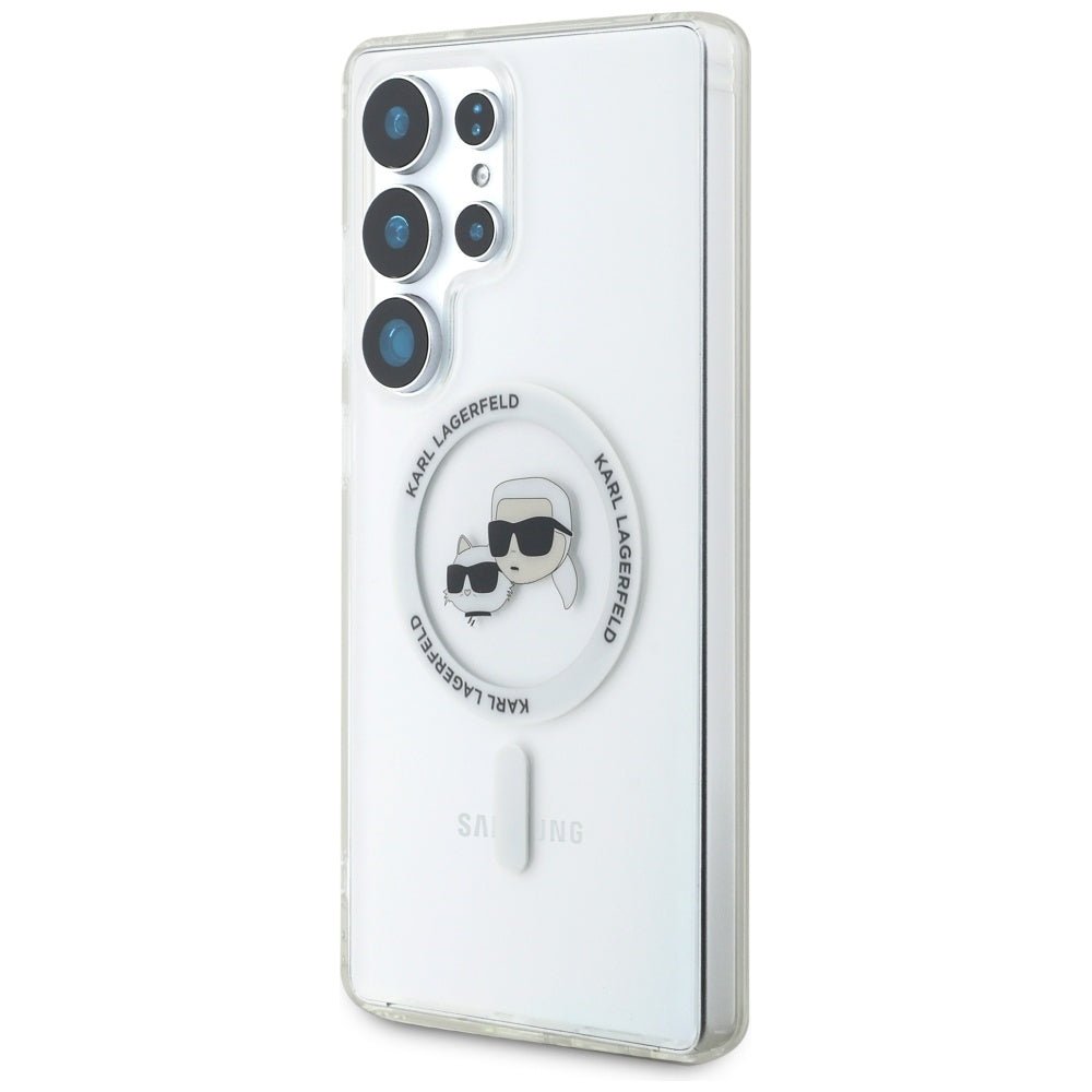 Karl Lagerfeld Samsung Galaxy S25 Ultra - Button Karl and Choupette Heads Printed Logo - MagSafe Σκληρή Θήκη με Πλαίσιο Σιλικόνης - White - KLHMS25LHLSKCH