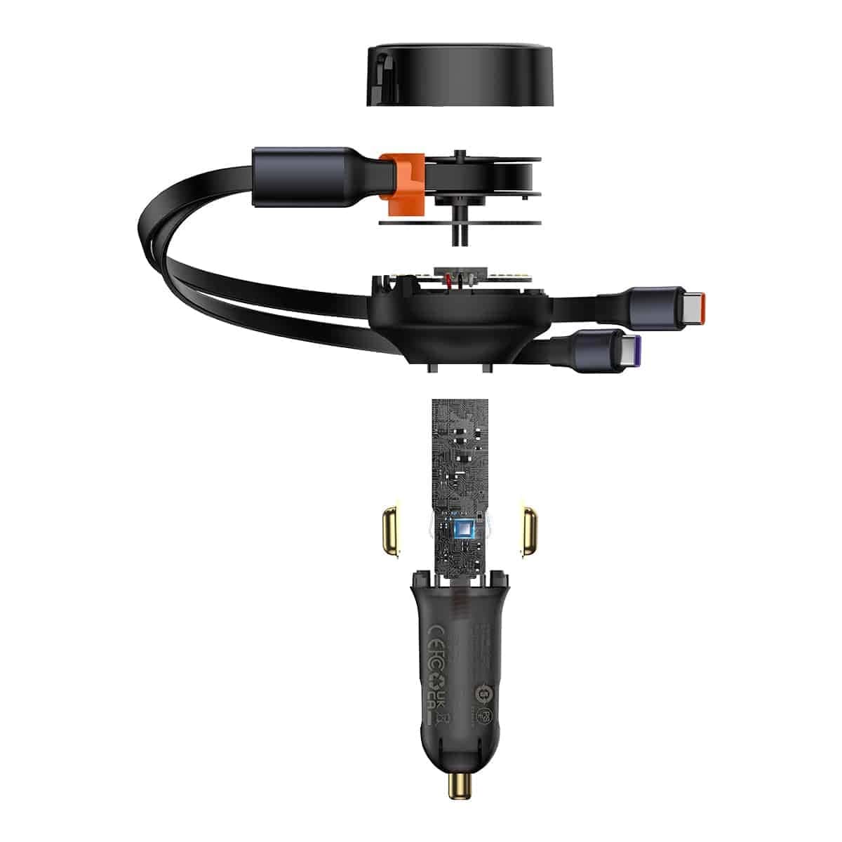 Baseus Enjoyment Retractable 2 - in - 1 Fast Car Charger Φορτιστής Αυτοκινήτου με 2 Ενσωματωμένα Καλώδια Type - C 33W - Black - C00035500111 - 00