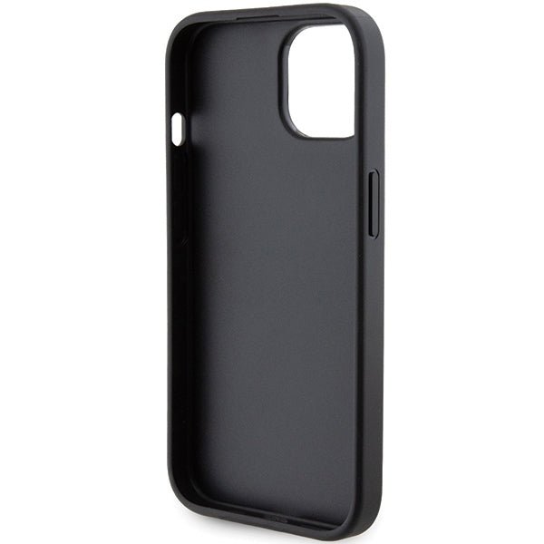 Guess iPhone 15 Grip Stand 4G Triangle Strass Logo Θήκη με Επένδυση Συνθετικού Δέρματος και Stand - Black - GUHCP15SPGS4TDK