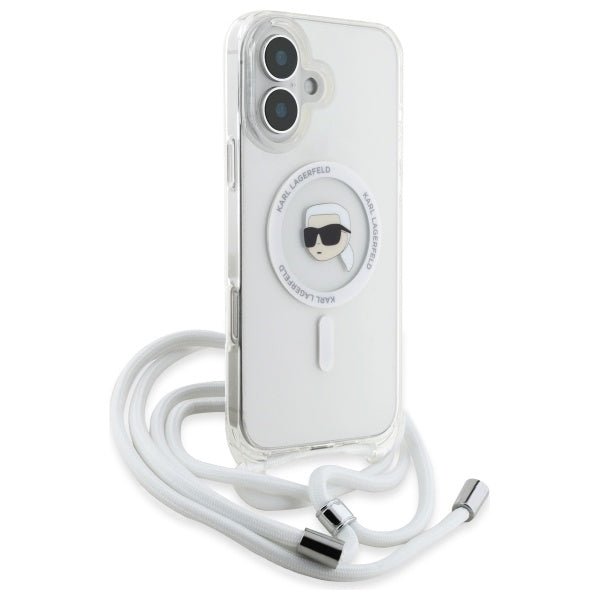 Karl Lagerfeld iPhone 16 - Crossbody IML Karl Head - MagSafe Σκληρή Θήκη με Πλαίσιο Σιλικόνης και Λουράκι - Διάφανη - KLHMP16SHCKHNT