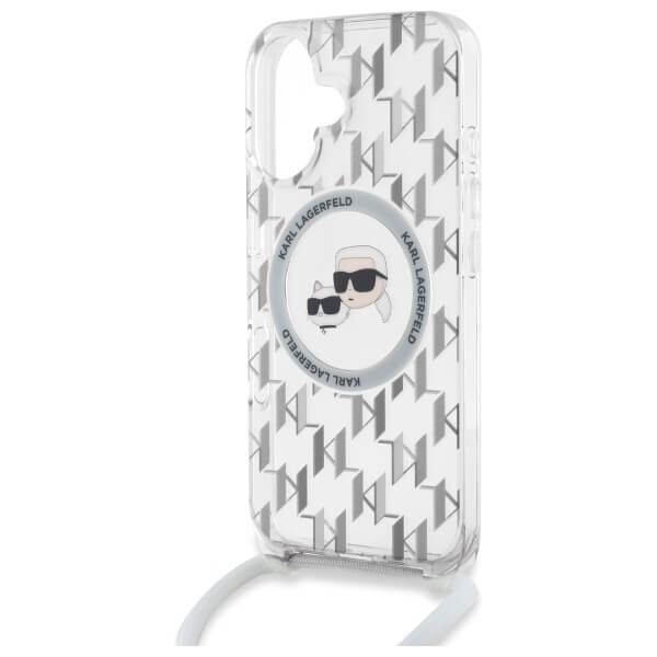 Karl Lagerfeld iPhone 16 - IML Crossbody Monogram Karl and Choupette Head - MagSafe Σκληρή Θήκη με Πλαίσιο Σιλικόνης και Λουράκι - Διάφανη - KLHMP16SHCKCKLCT