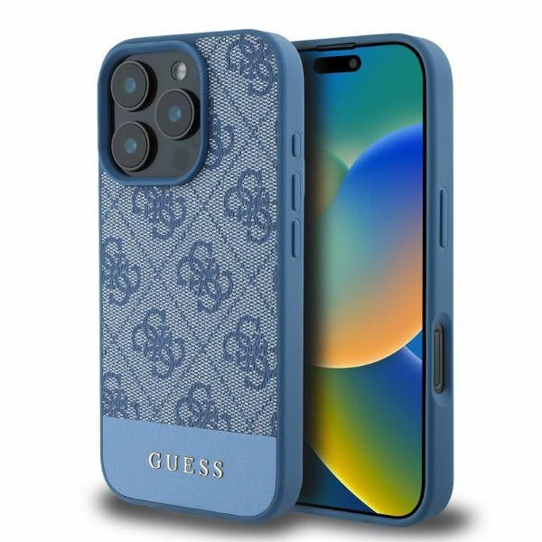 Guess iPhone 16 Pro - 4G Bottom Stripe - Θήκη με Επένδυση Συνθετικού Δέρματος - Blue - GUHCP16LG4GLBL