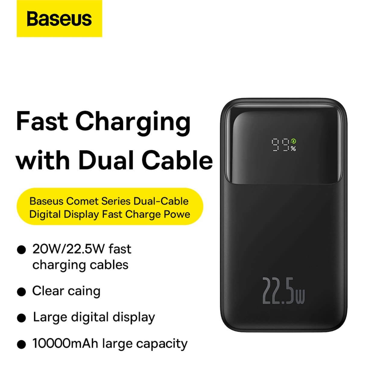 Baseus Comet Series Power Bank 10000mAh 22.5W με Ενσωματωμένα Καλώδια Type - C και Lightning - Black - PPMD020001