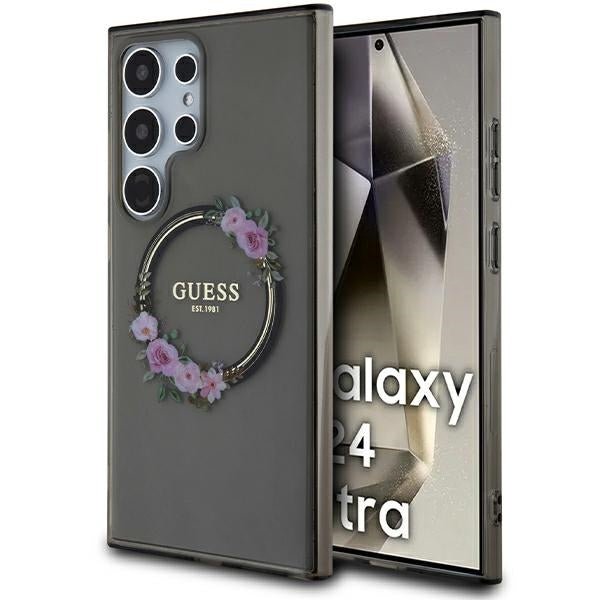 Guess Samsung Galaxy S24 Ultra - IML Flowers Wreath - MagSafe Σκληρή Θήκη με Πλαίσιο Σιλικόνης - Black - GUHMS24LHFWFCK
