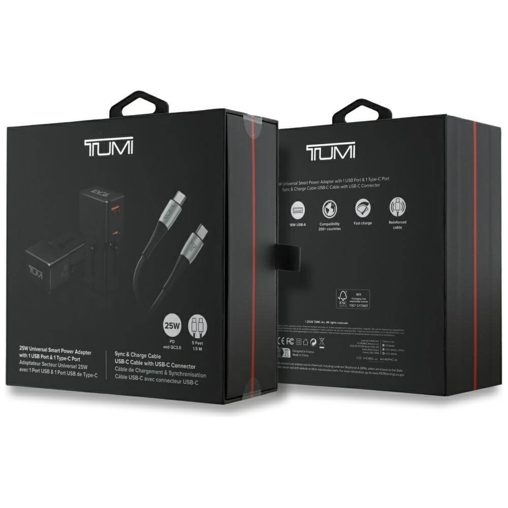 Tumi Travel Adapter 25W Φορτιστής Ταξιδίου με 1 Θύρα Type - C και 1 Θύρα USB και Καλώδιο Type - C to Type - C - Black