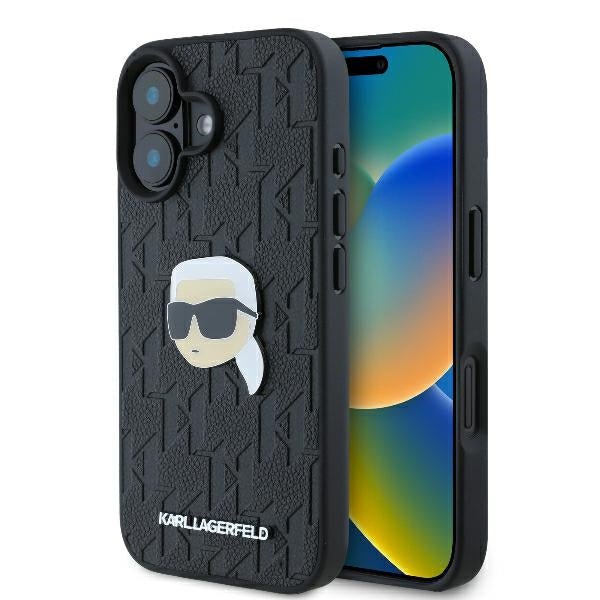Karl Lagerfeld iPhone 16 - Monogram Karl Head Pin Σκληρή Θήκη με Επένδυση Συνθετικού Δέρματος - Black - KLHCP16SPGKLKIPK