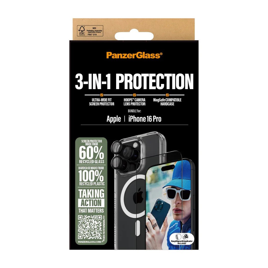 PanzerGlass iPhone 16 Pro - Σετ με 1 Αντιχαρακτικό Γυαλί Οθόνης Ultra - Wide Fit, 1 Αντιχαρακτικό Γυαλί για την Κάμερα και 1 Σκληρή Θήκη με MagSafe - Διάφανο