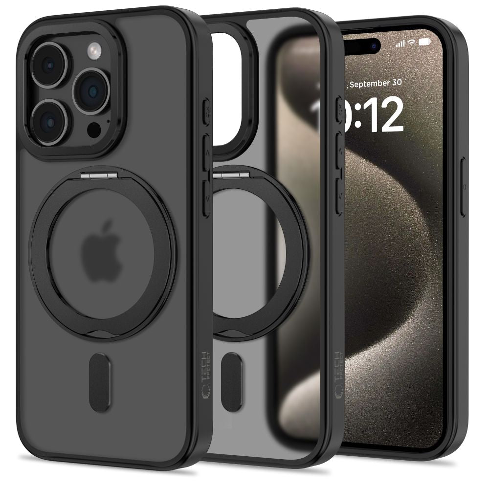 Tech - Protect iPhone 15 Pro MagRing - Σκληρή MagSafe Θήκη με Περιστρεφόμενο Δαχτυλίδι Συγκράτησης / Stand - Matte Black / Ημιδιάφανη