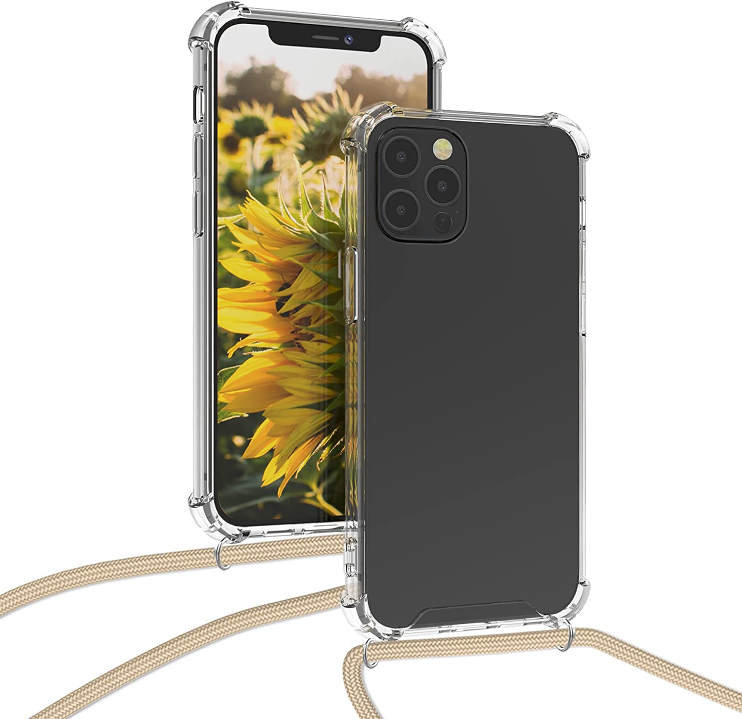 KW iPhone 12 / iPhone 12 Pro Θήκη Σιλικόνης TPU με Λουράκι - Διάφανη - Gold - 52730.21