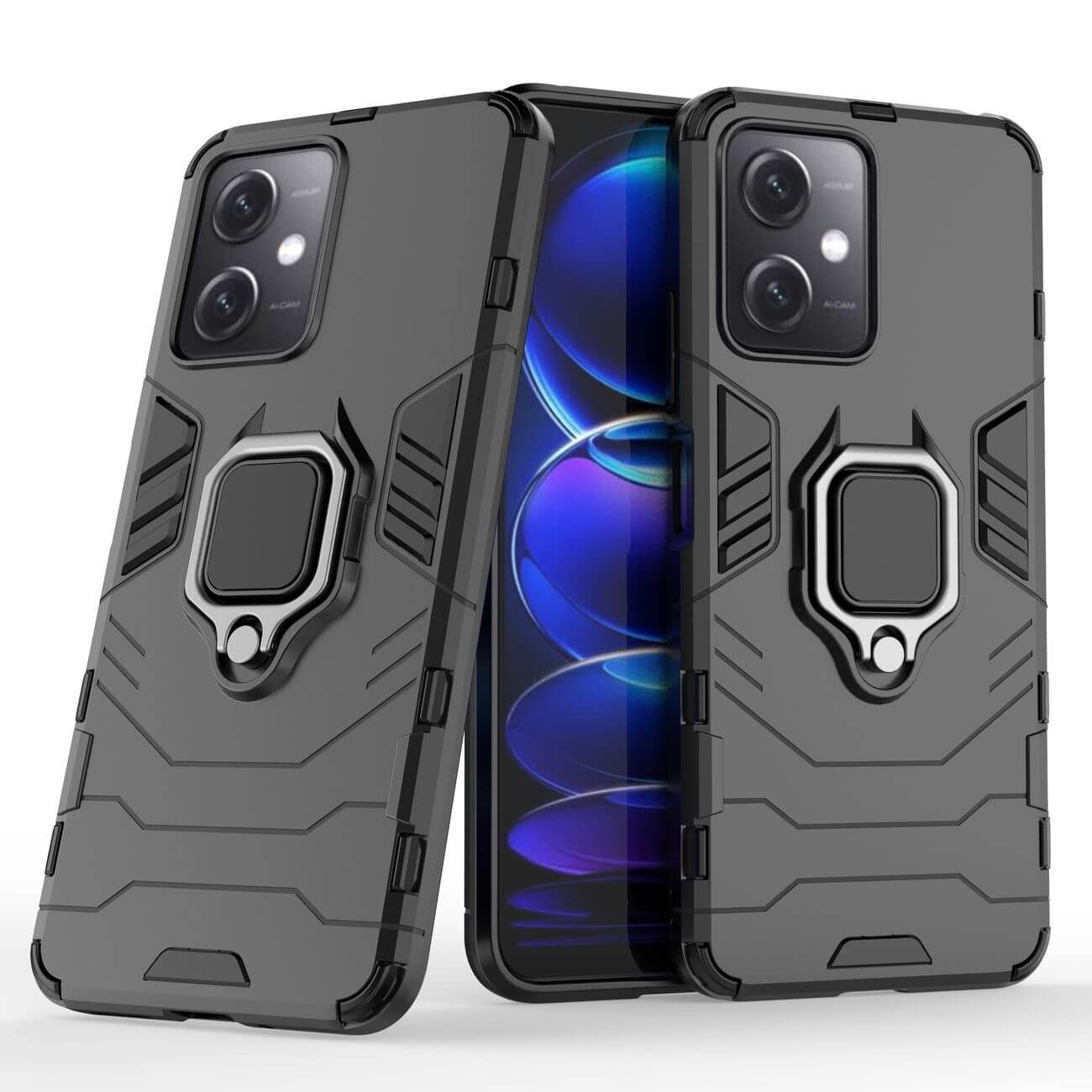 OEM Xiaomi Redmi Note 12 5G / Poco X5 5G Rugged Armor Σκληρή Θήκη Υψηλής Προστασίας με Πλαίσιο Σιλικόνης και Δαχτυλίδι Συγκράτησης - Black