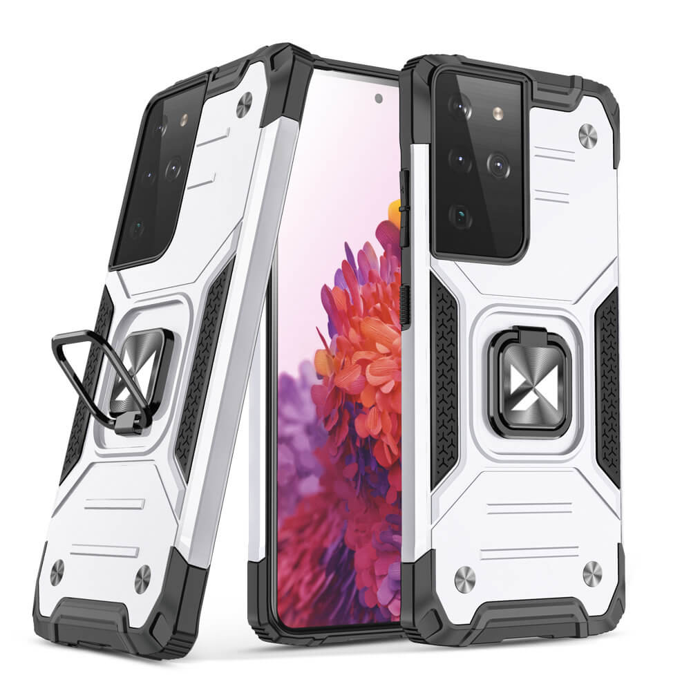 Wozinsky Samsung Galaxy S22 Ultra Ring Armor Σκληρή Θήκη με Πλαίσιο Σιλικόνης και Δαχτυλίδι Συγκράτησης - Silver