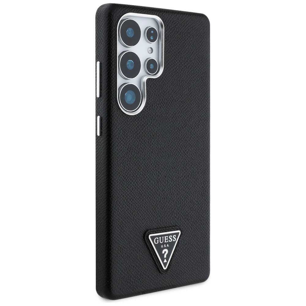 Guess Samsung Galaxy S25 Ultra - Grained Triangle Logo - MagSafe Σκληρή Θήκη με Πλαίσιο Σιλικόνης και Συνθετικό Δέρμα - Black - GUHMS25LPGTSPSK