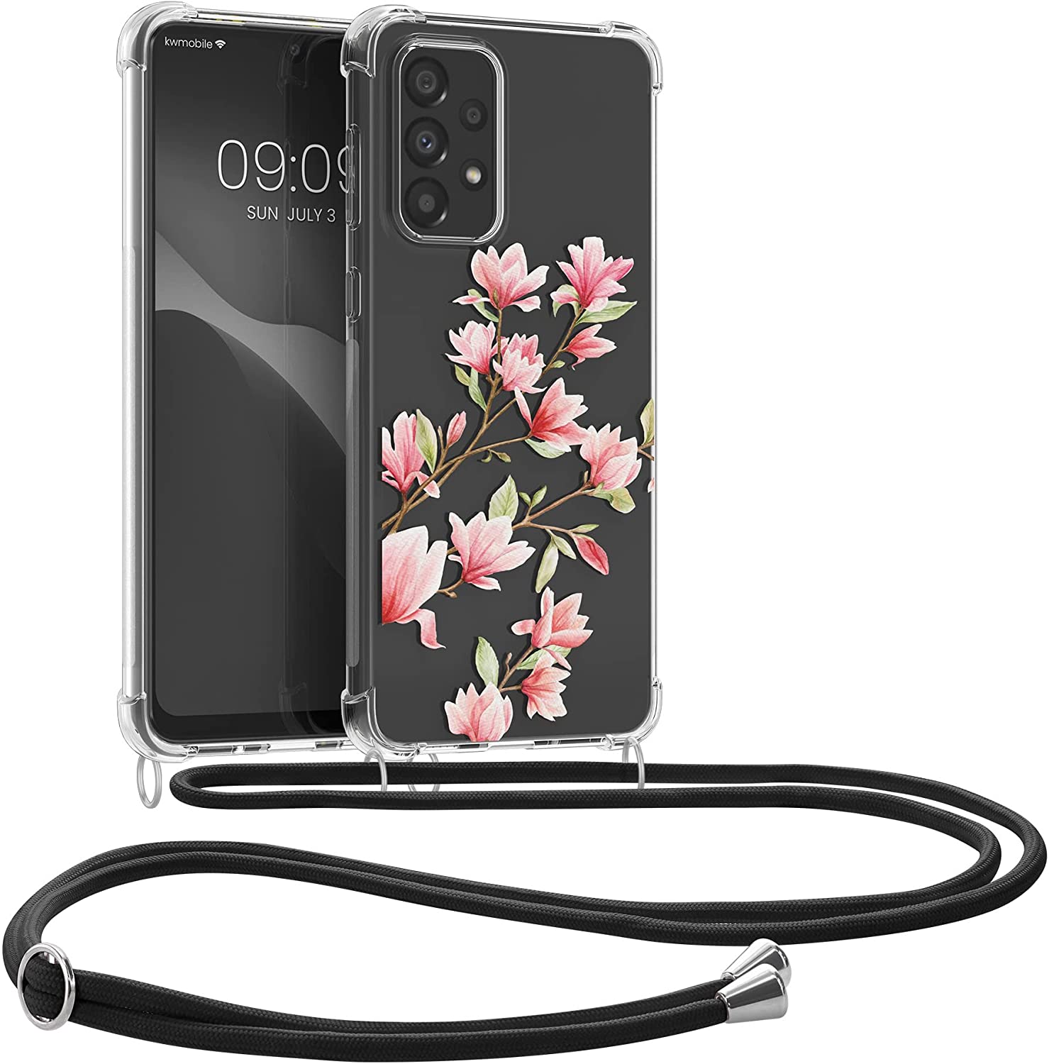 KW Samsung Galaxy A33 5G Θήκη Σιλικόνης TPU με Λουράκι Design Magnolias - Διάφανη / White / Pink - 58233.02