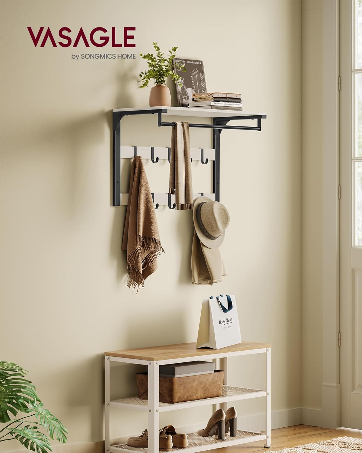 Vasagle Επιτοίχια Κρεμάστρα με 10 Αφαιρούμενους Γάντζους - 65 x 30 x 42 cm - Vintage White / Black - LCR101W03