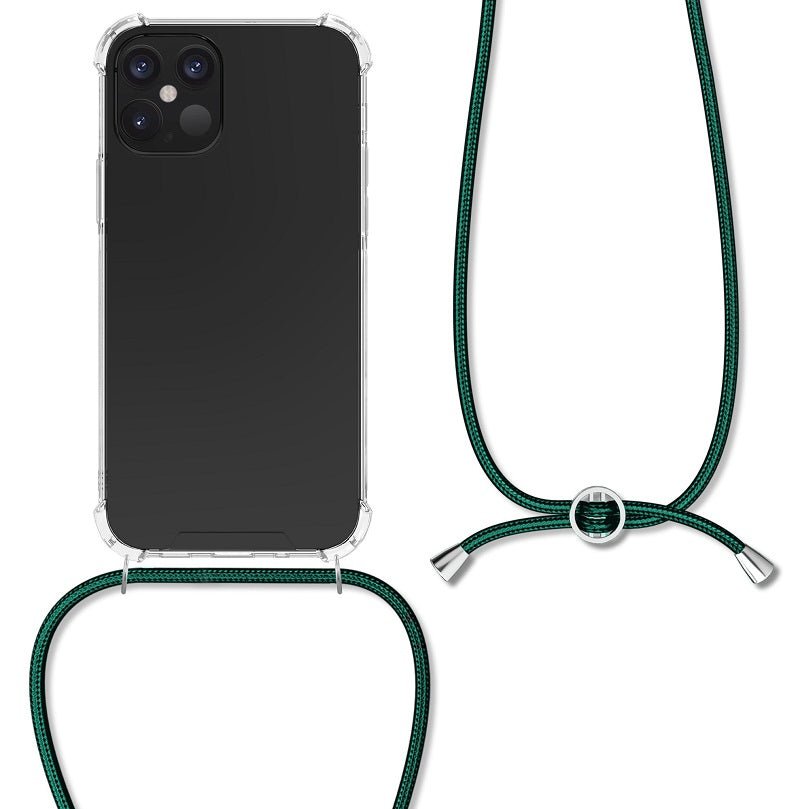KW iPhone 12 Pro Θήκη Σιλικόνης TPU με Λουράκι - Διάφανη / Dark Green - 52730.80