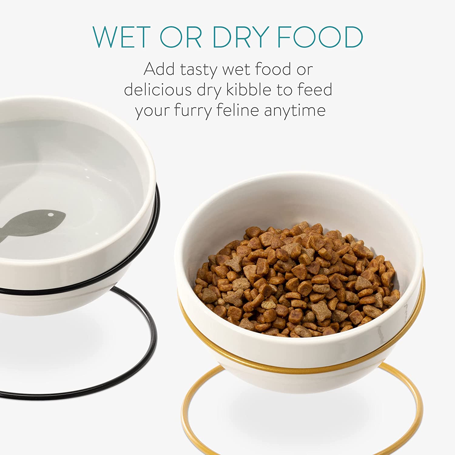 Navaris Σετ με 2 Κεραμικά Μπολ Φαγητού και Νερού 600ml με Σιδερένια Βάση για Κατοικίδια - White - Black / Gold - 55984.01