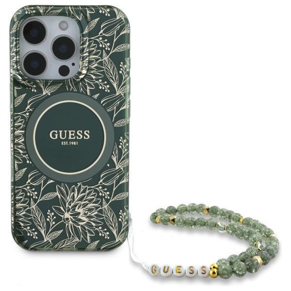 Guess iPhone 16 Pro Max - IML Flowers Allover Electro With Pearl Strap MagSafe - Σκληρή Θήκη με Πλαίσιο Σιλικόνης και Λουράκι - Green - GUHMP16XHCPOFPA