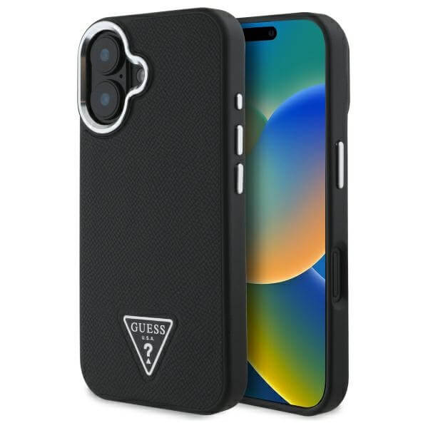 Guess iPhone 16 Plus - Grained Triangle MagSafe - Σκληρή Θήκη με Επένδυση Συνθετικού Δέρματος και Πλαίσιο Σιλικόνης - Black - GUHMP16MPGTSPSK