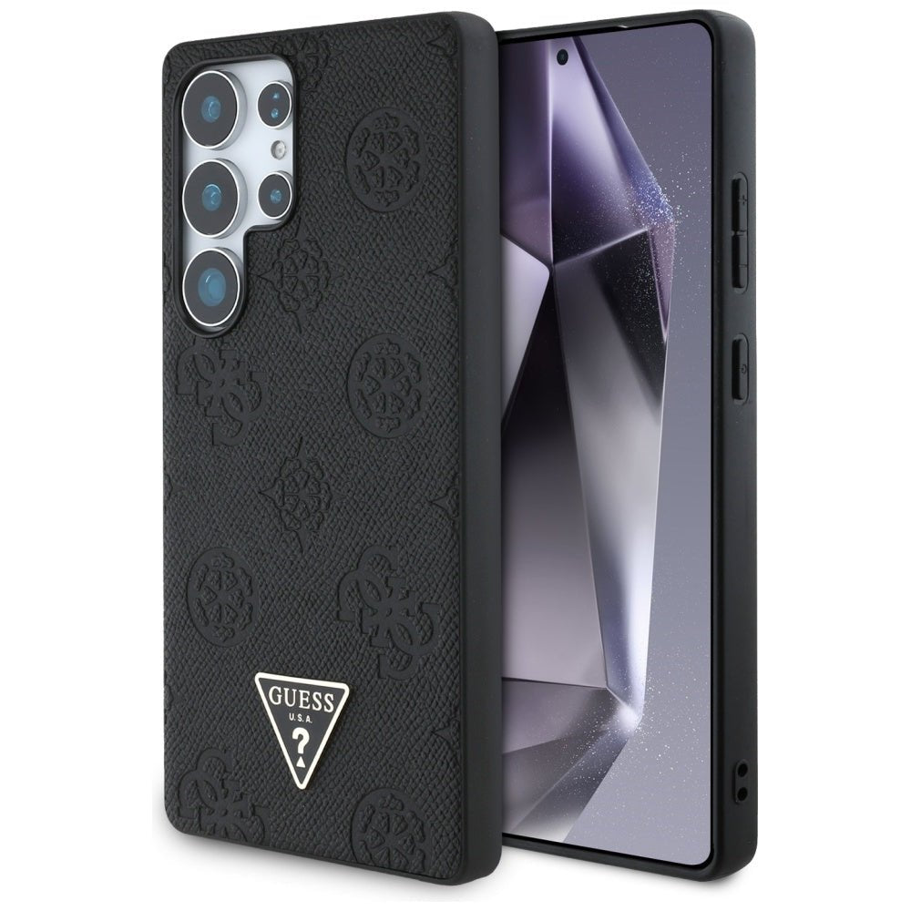 Guess Samsung Galaxy S25 Ultra - Grained Hot Stamp Peony Pattern Triangle Logo - MagSafe Σκληρή Θήκη με Πλαίσιο Σιλικόνης και Συνθετικό Δέρμα - Black - GUHMS25LPGBTMK