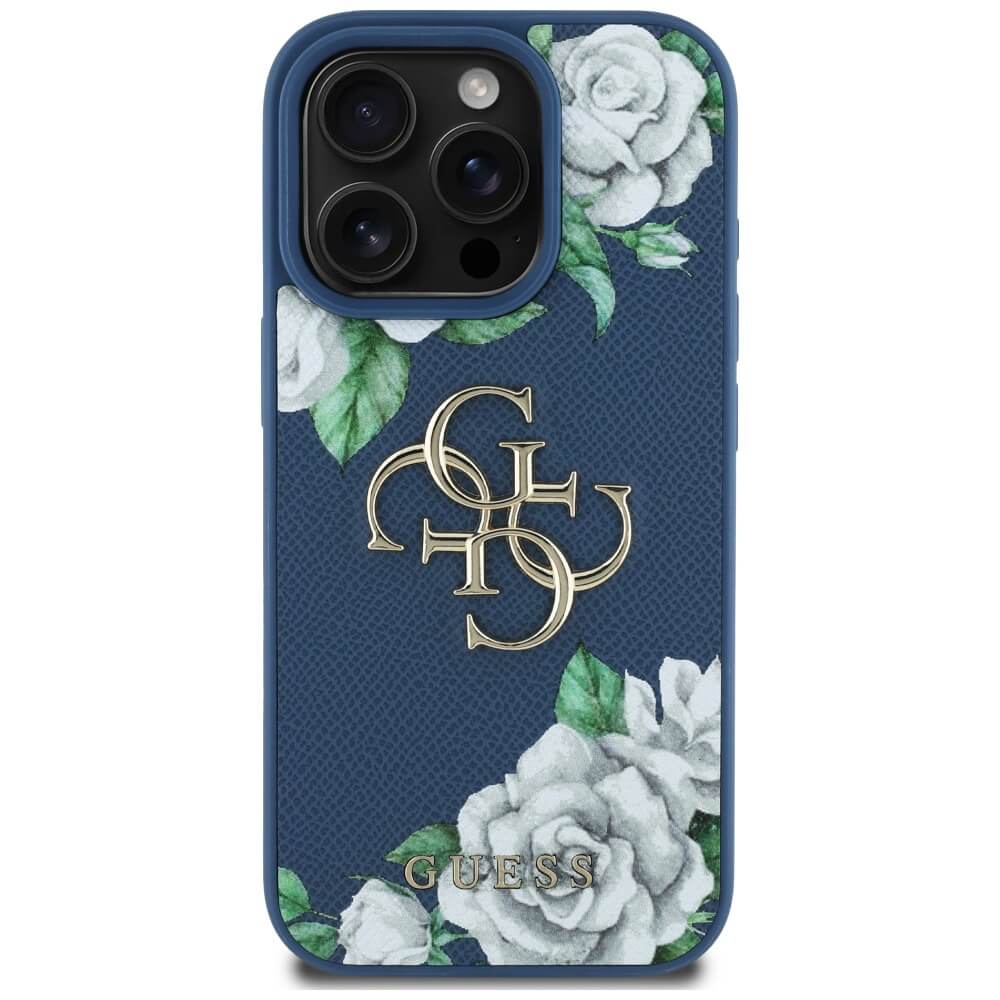 Guess iPhone 16 Pro - Grained Roses Big 4G Logo - Σκληρή Θήκη με Επένδυση από Οικολογικό Δέρμα - Blue - GUHCP16LPGROP4MB