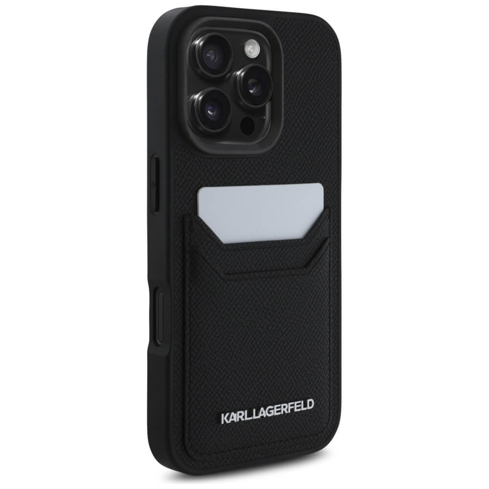 Karl Lagerfeld iPhone 16 Pro - HC Grained PU Cardslot Metal Elong - Σκληρή Θήκη με Επένδυση Συνθετικού Δέρματος και Υποδοχή για Κάρτες - Black - KLHCP16LPKHPORPK