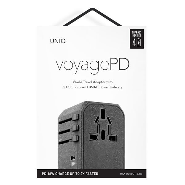 Uniq Voyage World - Φορτιστής με 1 Θύρα Type - C PD 18W και 1 Θύρα USB - A QC 3.0 και 2 Επιπλέον Θύρες USB - Charcoal Grey