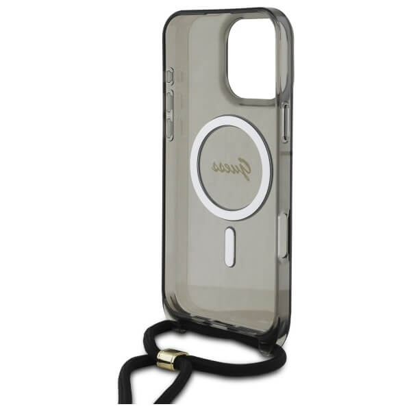 Guess iPhone 16 Pro - Crossbody Cord Script MagSafe - Σκληρή Θήκη με Πλαίσιο Σιλικόνης και Λουράκι - Black - GUHMP16LHCTSGNSK