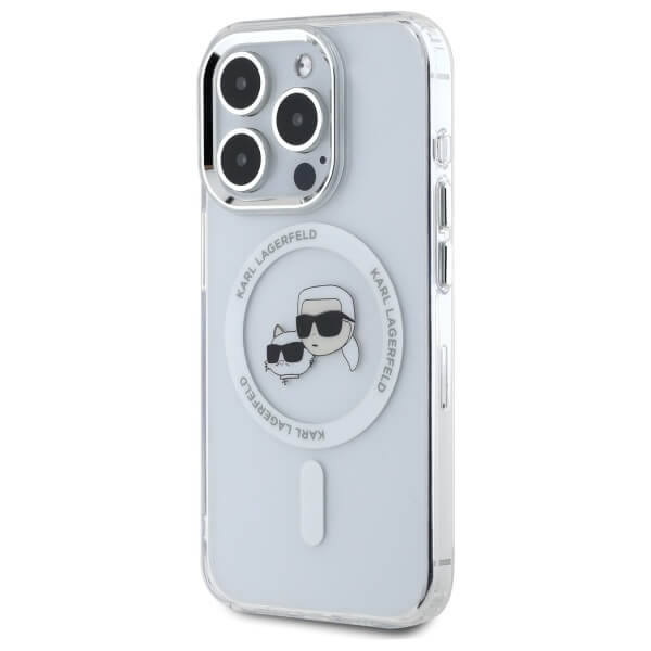 Karl Lagerfeld iPhone 15 Pro Max - IML Metal Karl and Choupette Head - Σκληρή Θήκη με Πλαίσιο Σιλικόνης και MagSafe - White - KLHMP15XHLSKCH