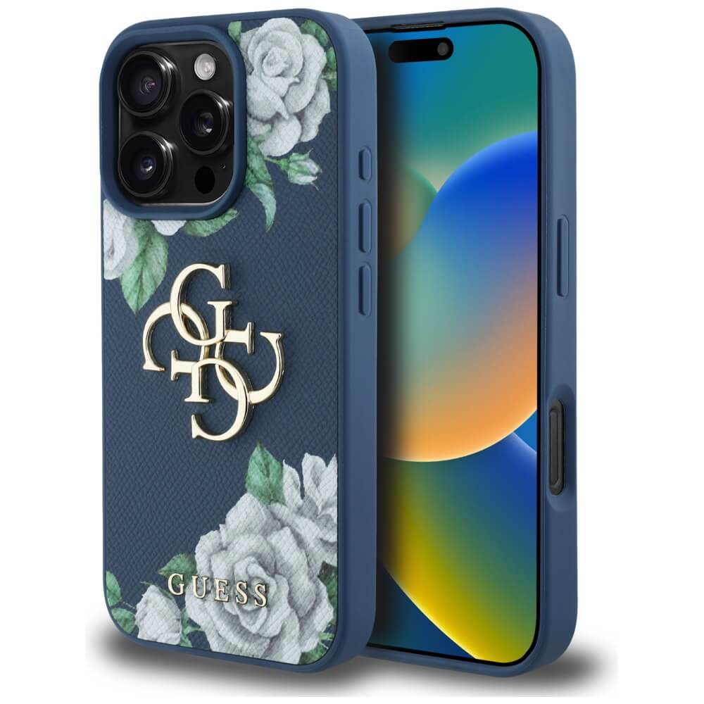 Guess iPhone 16 Pro Max - Grained Roses Big 4G Logo - Σκληρή Θήκη με Επένδυση από Οικολογικό Δέρμα - Blue - GUHCP16XPGROP4MB