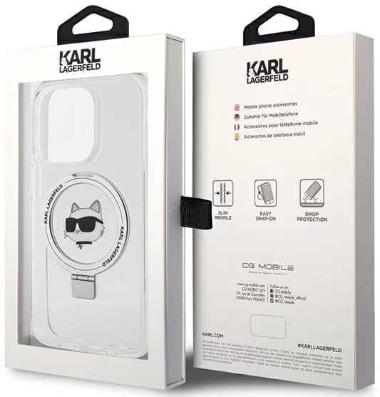Karl Lagerfeld iPhone 15 Pro Max Ring Stand Choupette Head MagSafe Σκληρή Θήκη με Πλαίσιο Σιλικόνης και MagSafe - Διάφανη / Silver - KLHMP15XHMRSCHH