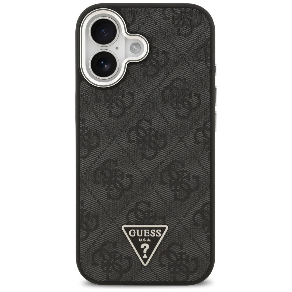 Guess iPhone 17 - 4G Triangle Logo MagSafe - Σκληρή Θήκη με Πλαίσιο Σιλικόνης και Επένδυση Συνθετικού Δέρματος - Black / Silver - GUHMP17SP4TSRCMK