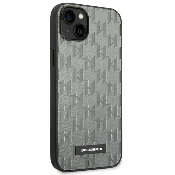 Karl Lagerfeld iPhone 14 - Saffiano Mono Metal Logo Σκληρή Θήκη με Επένδυση Συνθετικού Δέρματος και Πλαίσιο Σιλικόνης - Grey - KLHCP14SSAKLHPG