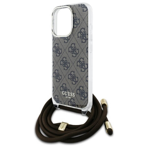 Guess iPhone 16 Pro Max - Crossbody Cord 4G Print - Σκληρή Θήκη με Πλαίσιο Σιλικόνης και Λουράκι - Brown - GUHCP16XHC4SEW