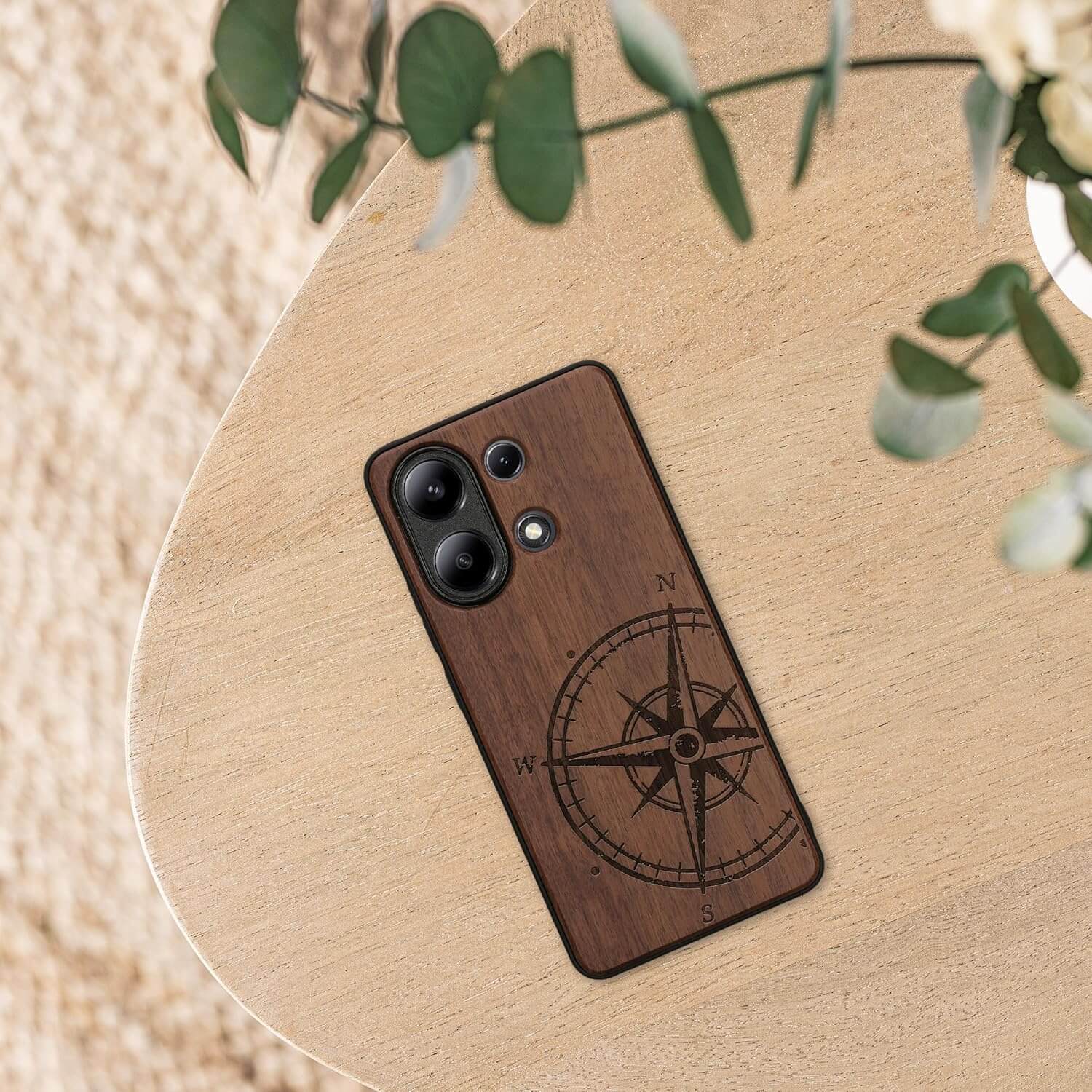 KW Xiaomi Redmi Note 13 4G Θήκη από Φυσικό Ξύλο - Design Compass Vintage - Dark Brown