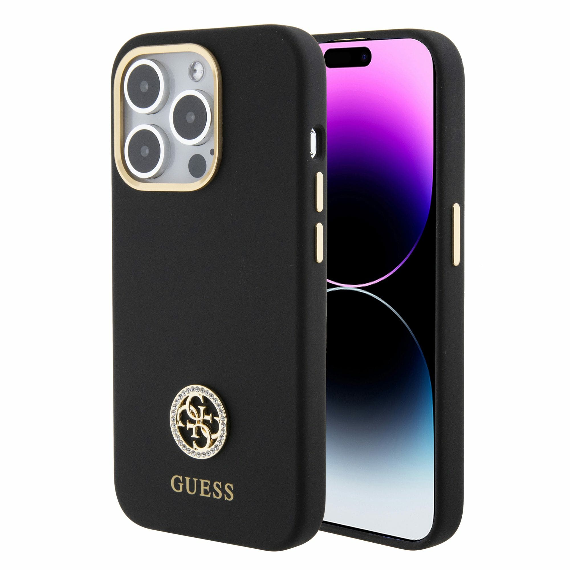 Guess iPhone 15 Pro Max Silicone Logo Strass 4G Σκληρή Θήκη με Πλαίσιο Σιλικόνης - Black - GUHCP15XM4DGPK