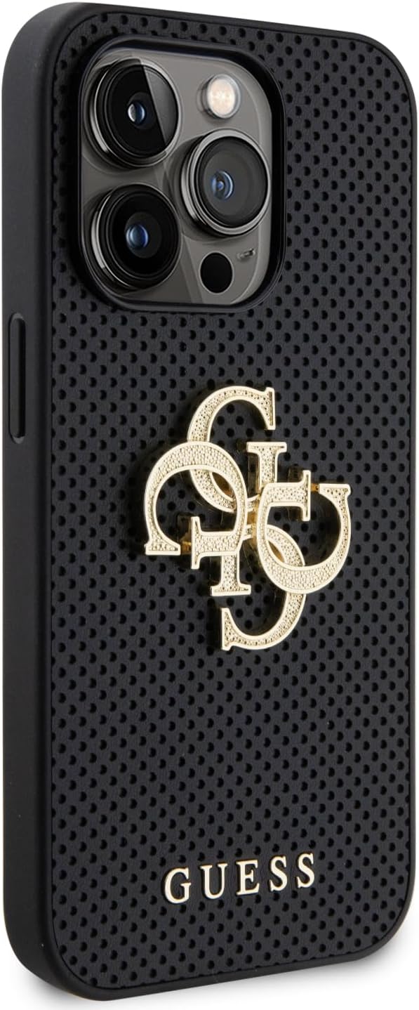 Guess iPhone 15 Pro Leather Perforated 4G Glitter Θήκη με Επένδυση Συνθετικού Δέρματος - Black - GUHCP15LPSP4LGK