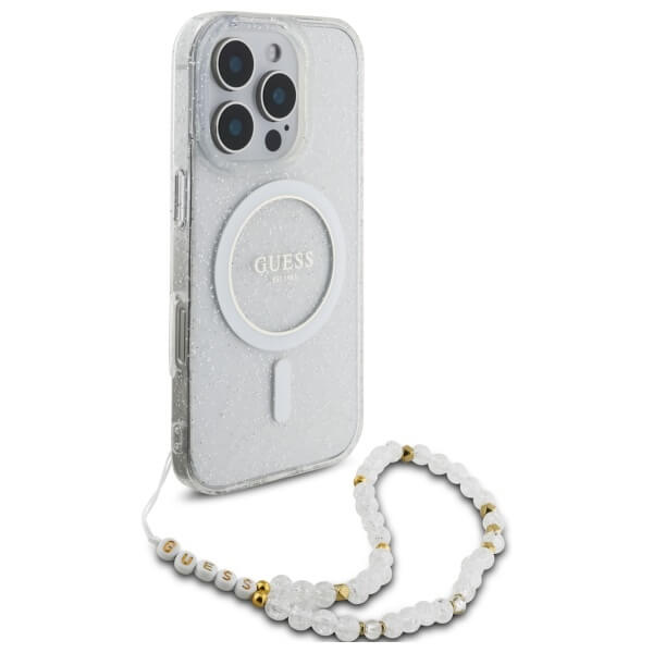 Guess iPhone 16 Pro Max - IML Glitter With Pearl Strap - MagSafe Σκληρή Θήκη με Πλαίσιο Σιλικόνης και Λουράκι - Διάφανη - GUHMP16XHGCRELST