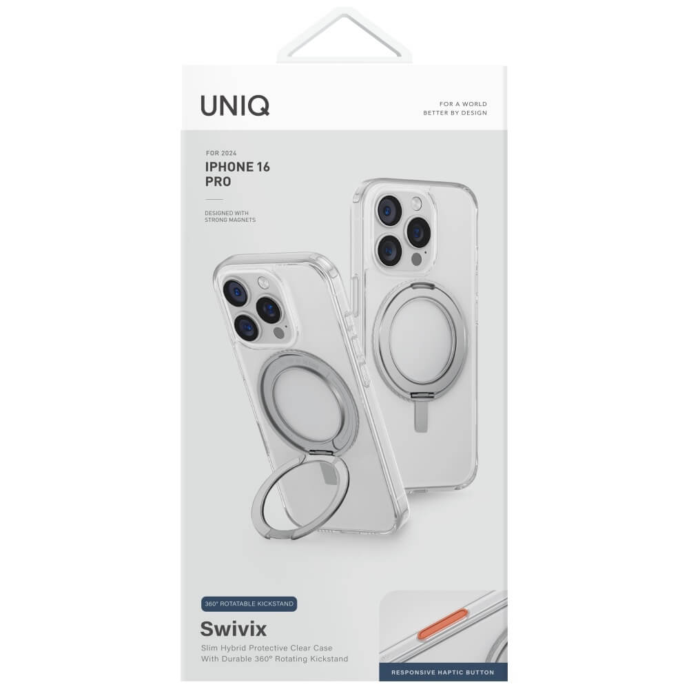 Uniq iPhone 16 Pro - Swivix 360 Rotating Kickstand - Σκληρή Θήκη με Πλαίσιο Σιλικόνης και Σταντ - Διάφανη