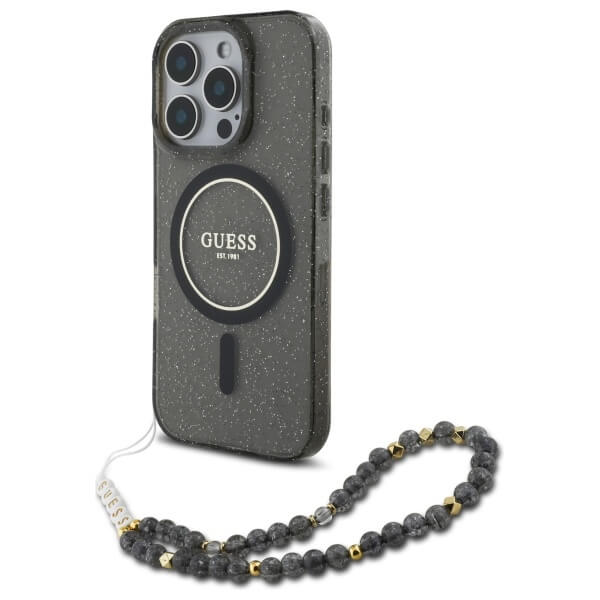 Guess iPhone 16 Pro Max - IML Glitter With Pearl Strap - MagSafe Σκληρή Θήκη με Πλαίσιο Σιλικόνης και Λουράκι - Black - GUHMP16XHGCRELSK